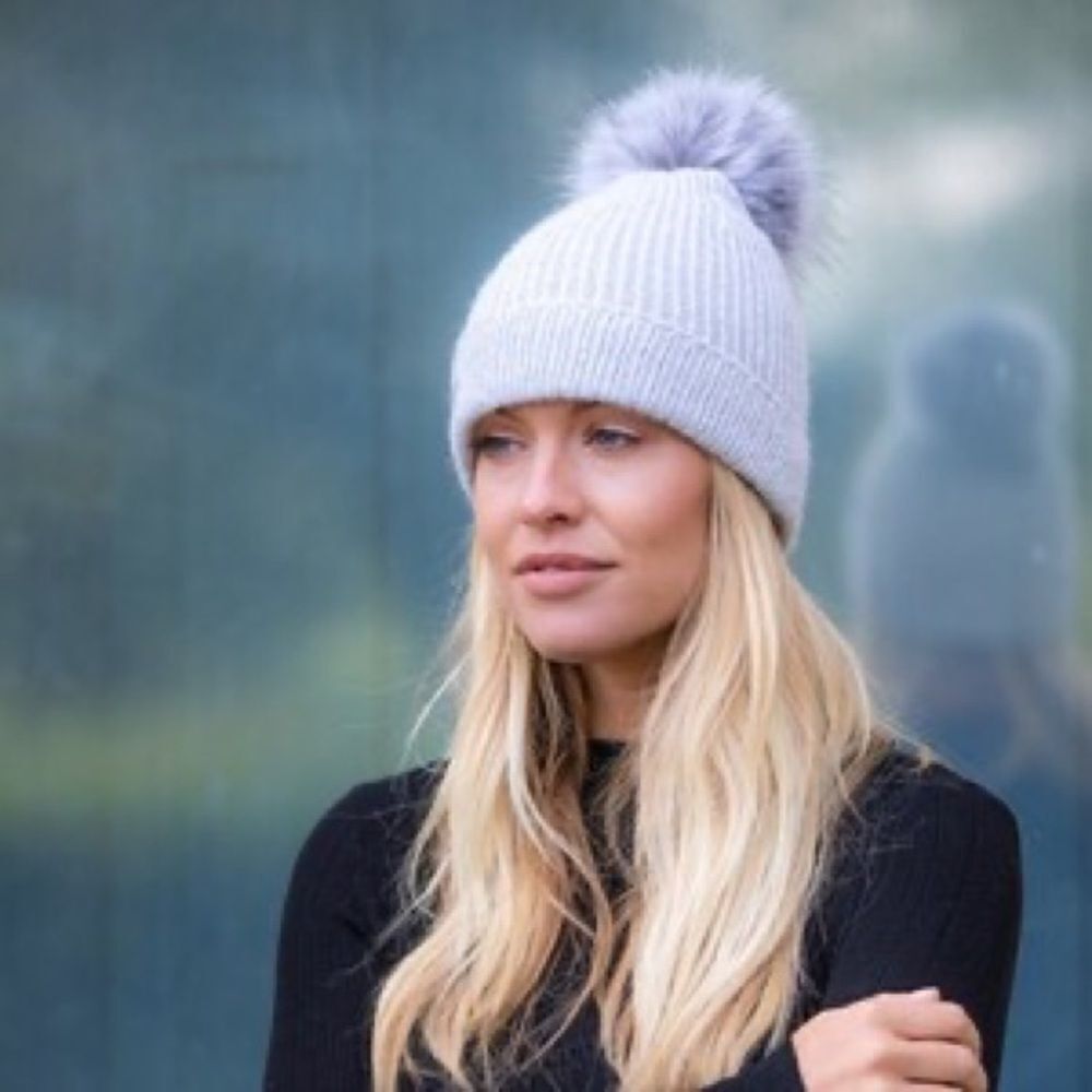 World Market Grey Beanie With Faux Fur Pom Pom Hat